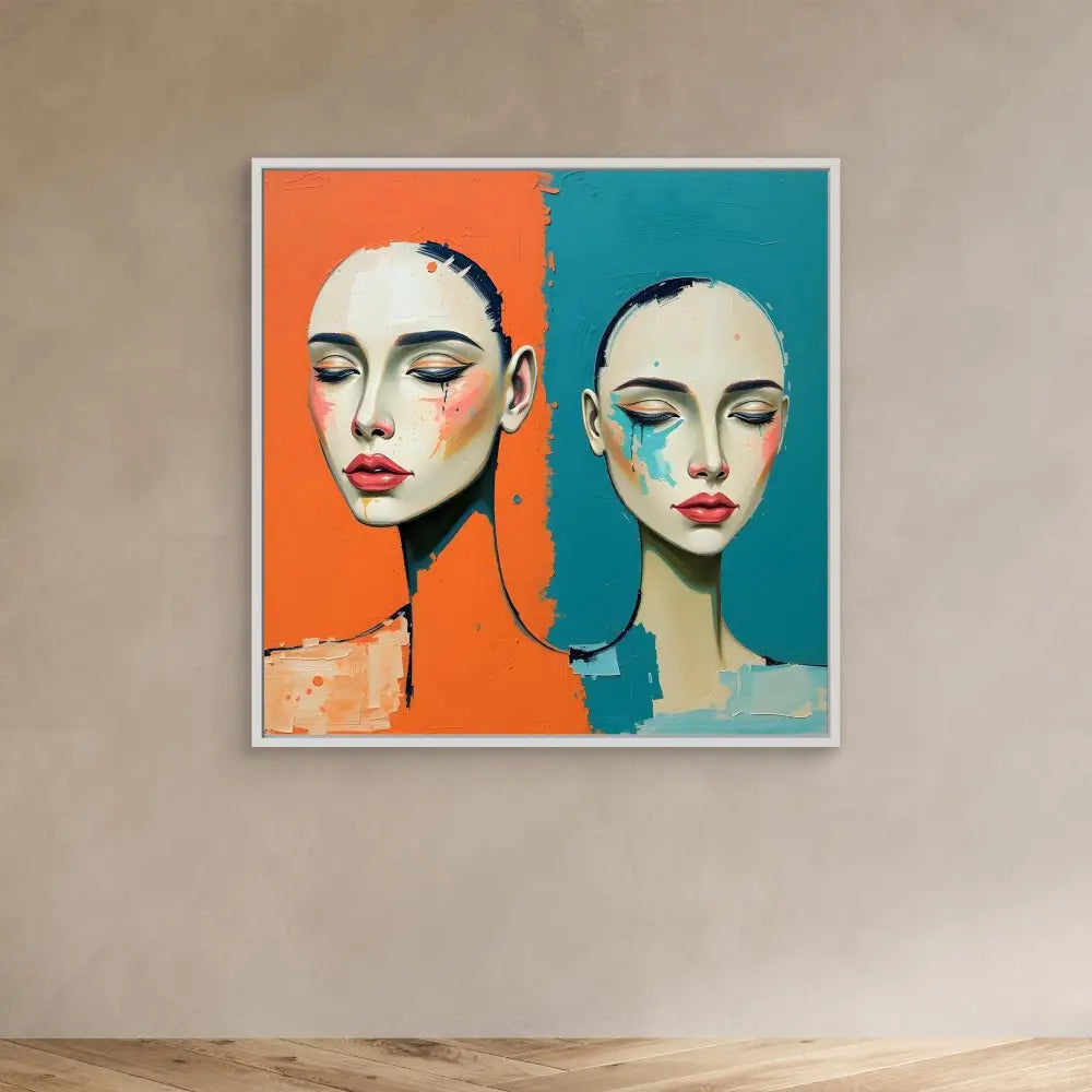 Pop art style portrait painting featuring two figures against contrasting orange and teal backgrounds.