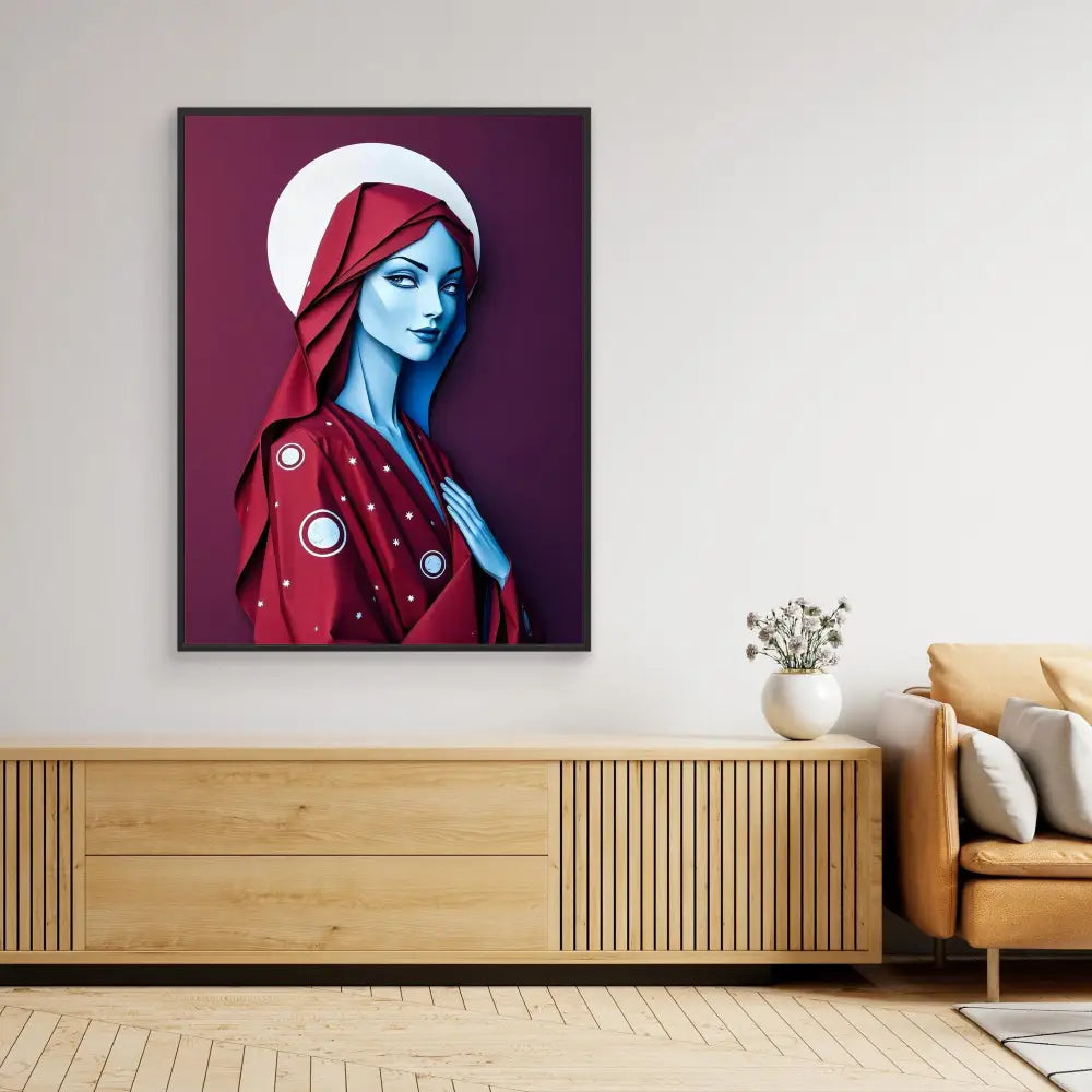 Pop art style portrait painting featuring a figure with blue skin wearing a red hooded garment and white halo.