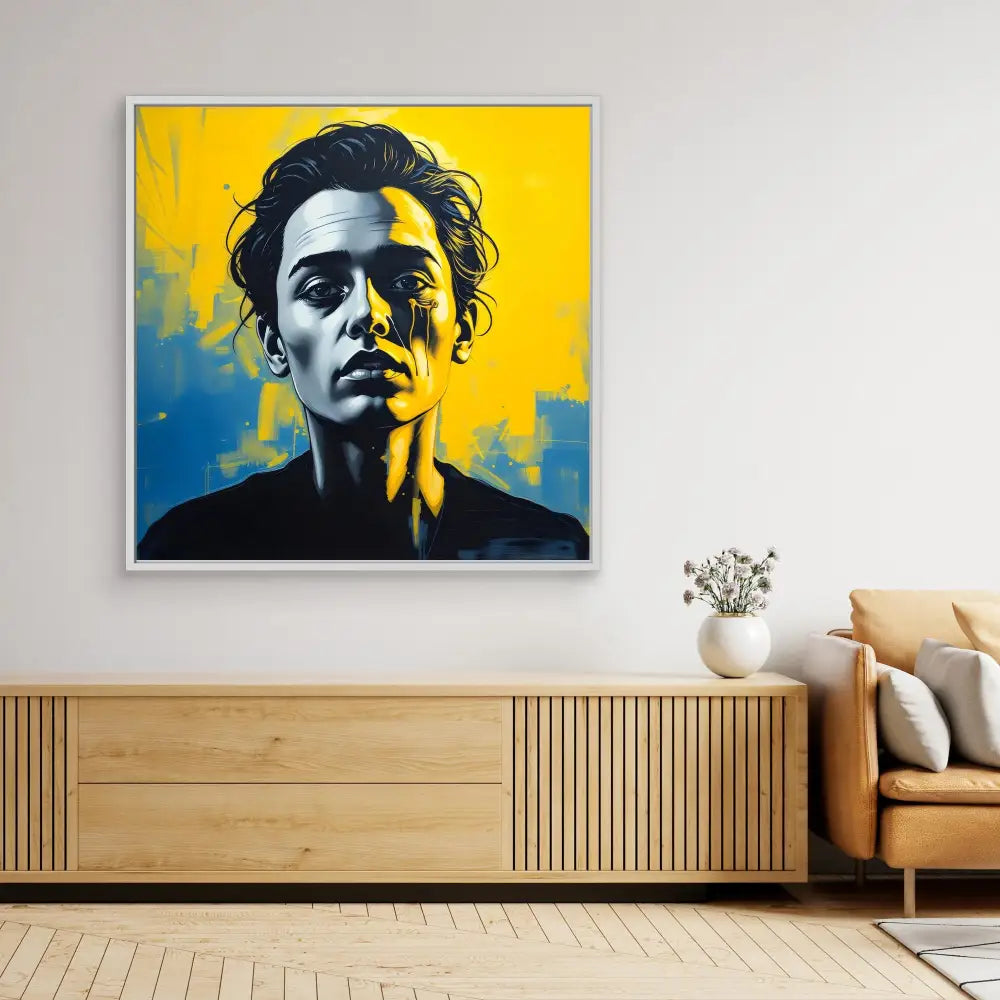 Pop art style portrait painting with dramatic yellow and blue background colors.