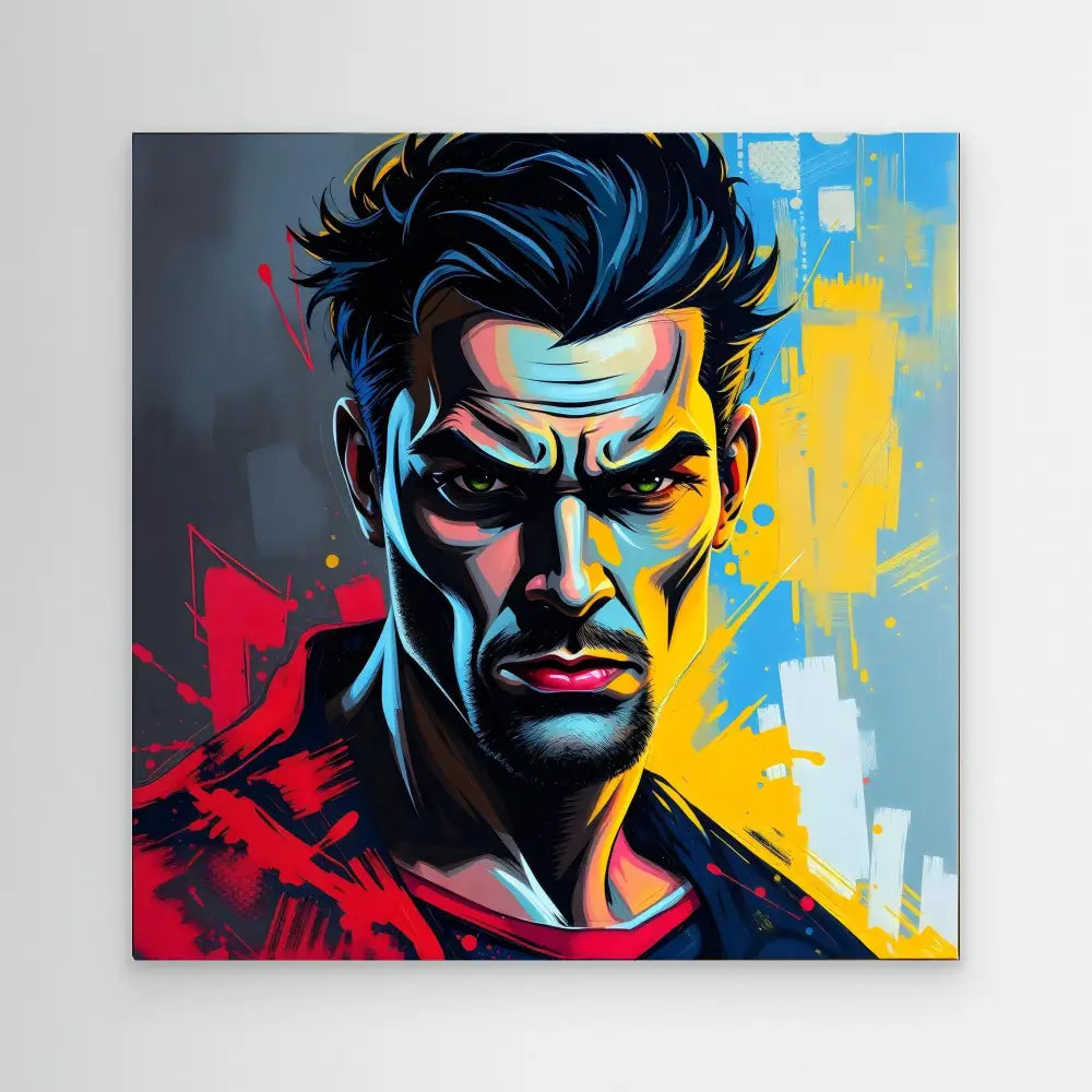 Pop art style portrait of Superman with dramatic lighting and a red and yellow color scheme.