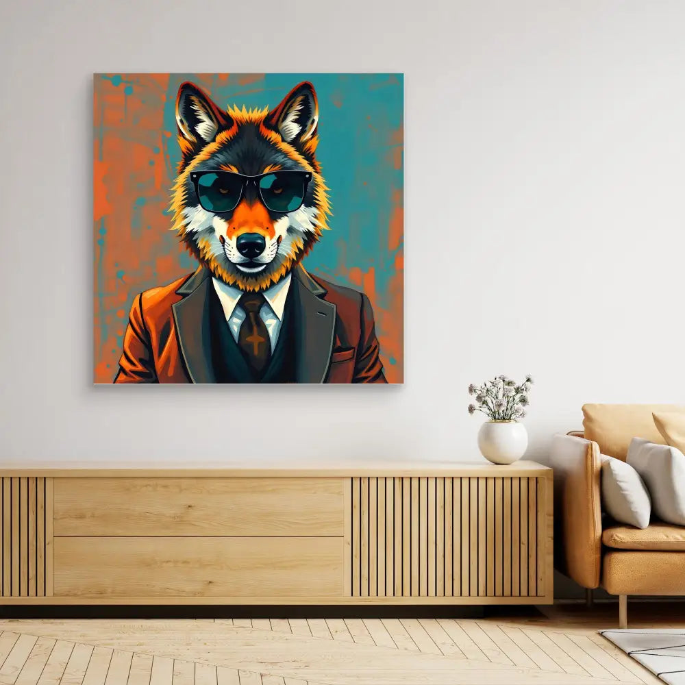 Pop art style portrait of a wolf wearing sunglasses, suit and tie.