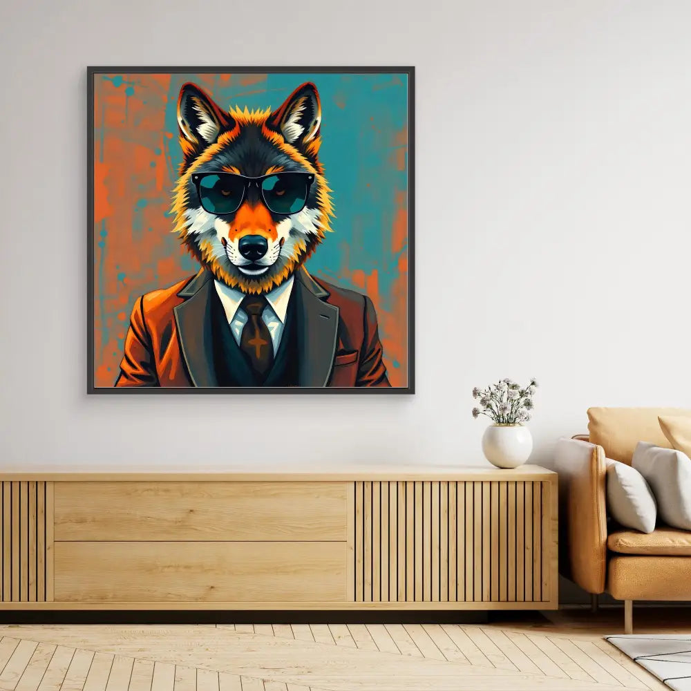 Pop art style portrait of a wolf wearing sunglasses, a suit and tie.