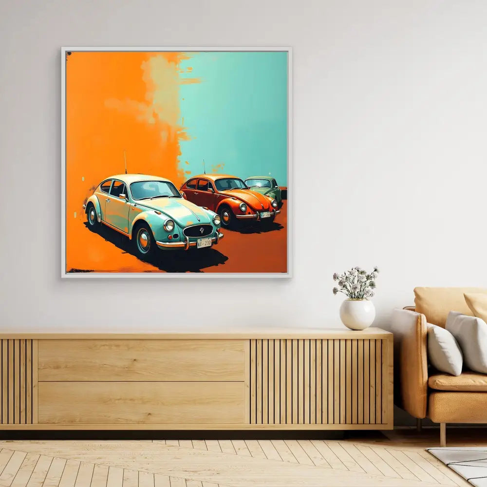 Pop art style wall print featuring two classic Volkswagen Beetles in contrasting colors.