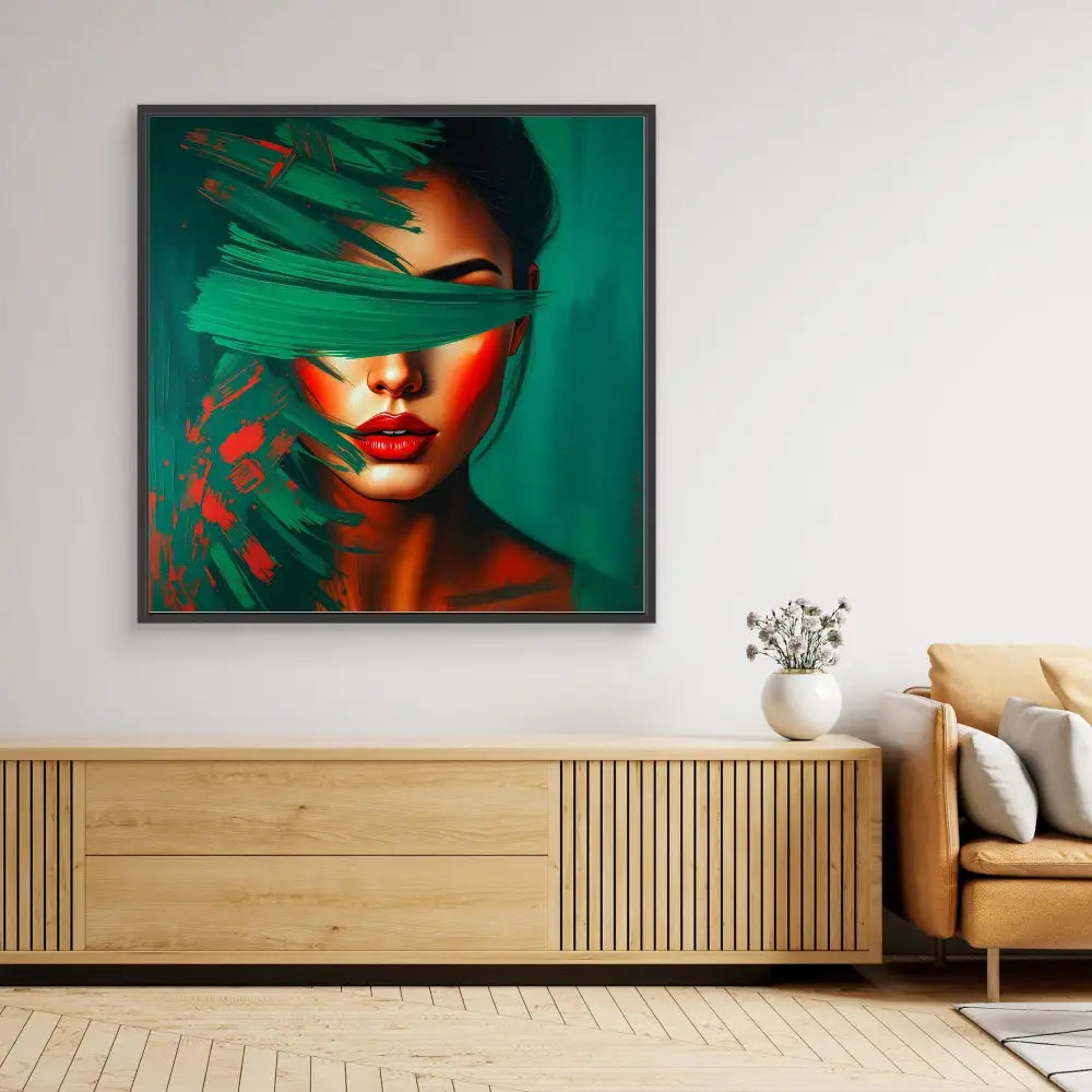 Striking portrait artwork featuring dramatic green palm leaves and red lighting effects against a teal background.