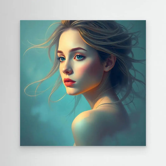 Portrait artwork featuring dramatic lighting, windswept hair, red lips and striking blue eyes against a teal backdrop.