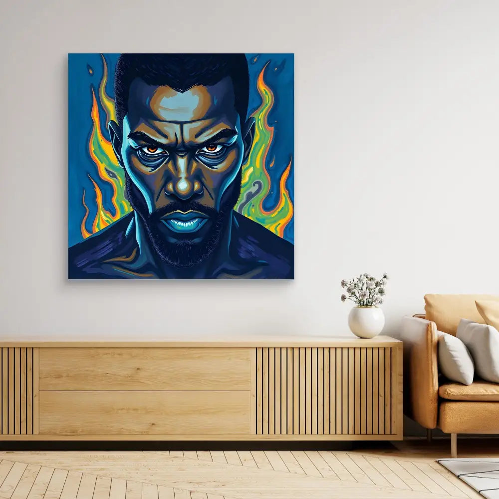 Striking portrait painting with blue tones and vibrant yellow-green flames around the subject.