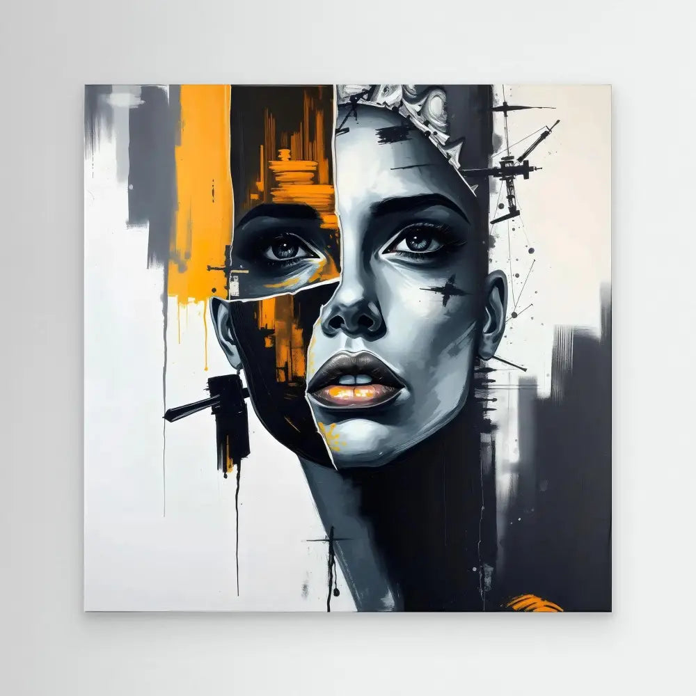 Striking portrait painting with bold orange accents against a monochromatic face rendered in dramatic brushstrokes.