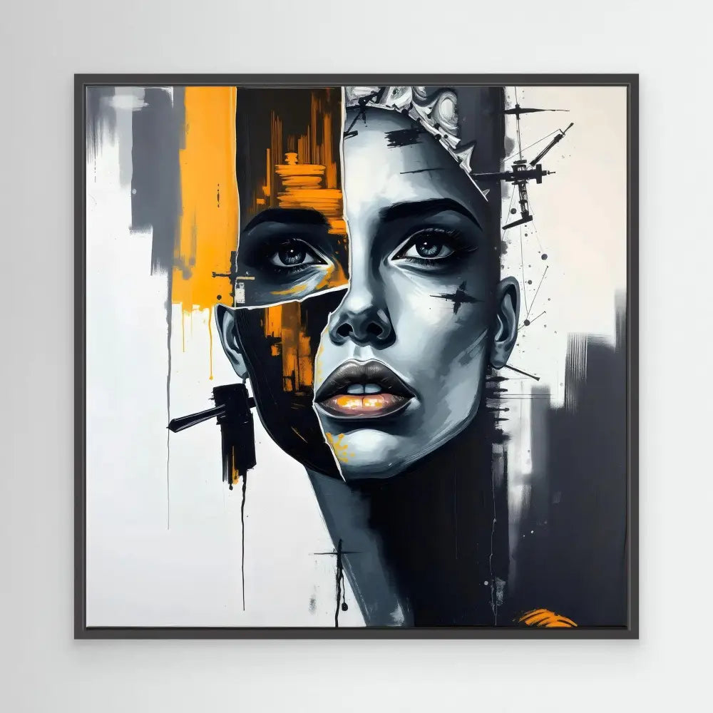 Striking portrait painting with bold orange accents and dramatic black and white contrasts in an abstract style.