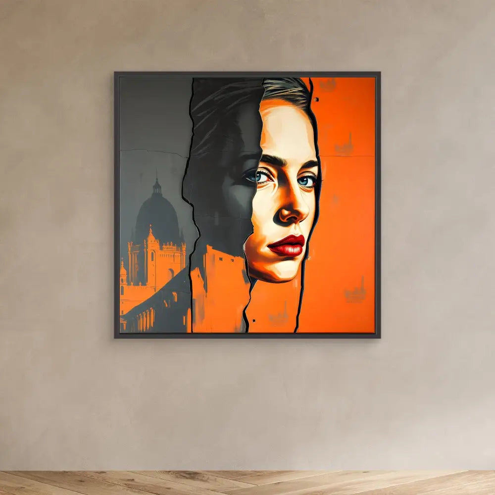 A striking portrait painting with bold orange and black contrasts showing a contemplative side profile.