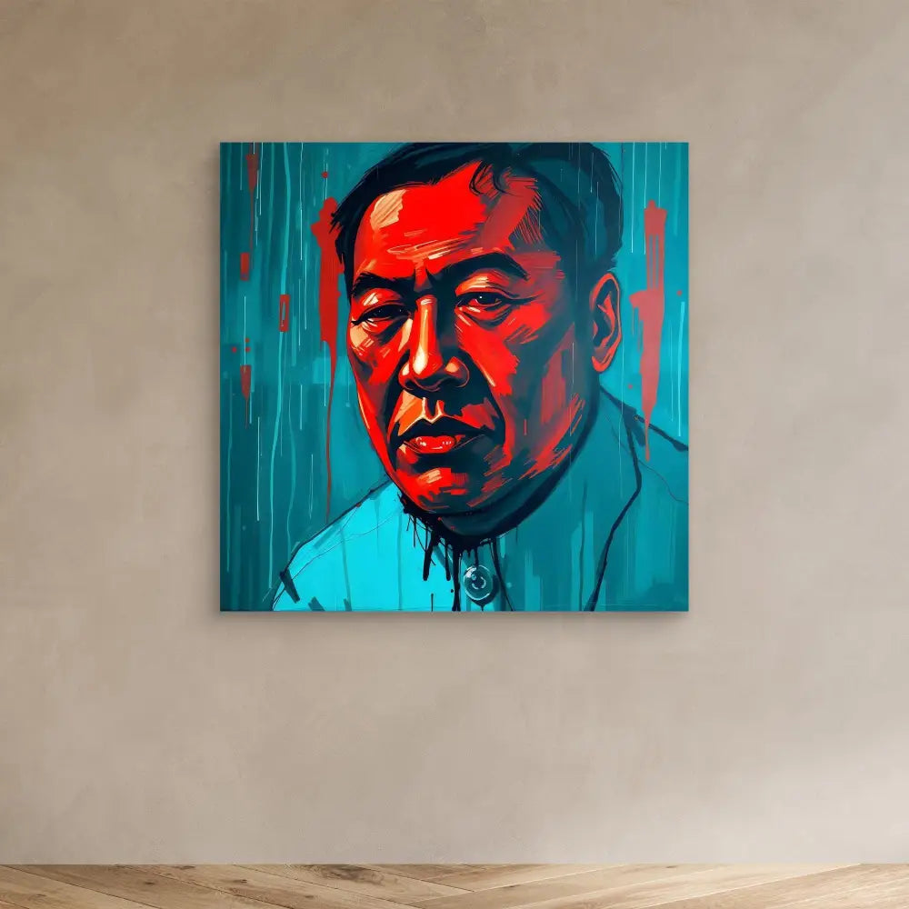 A portrait painting with bold red and turquoise colors depicting a person in an expressive style.