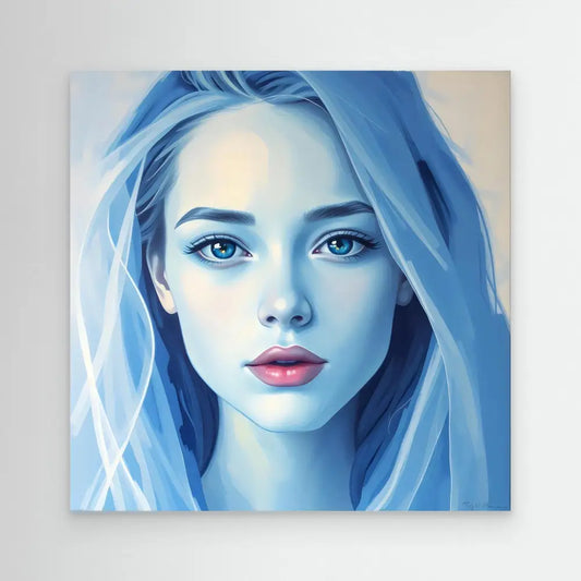 Portrait painting in cool blue tones with bright red lips.