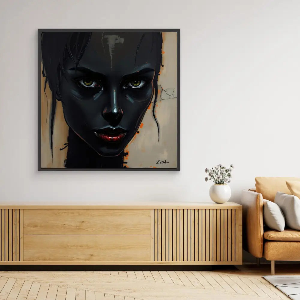 Striking portrait painting featuring a dark face with intense eyes and red lips.