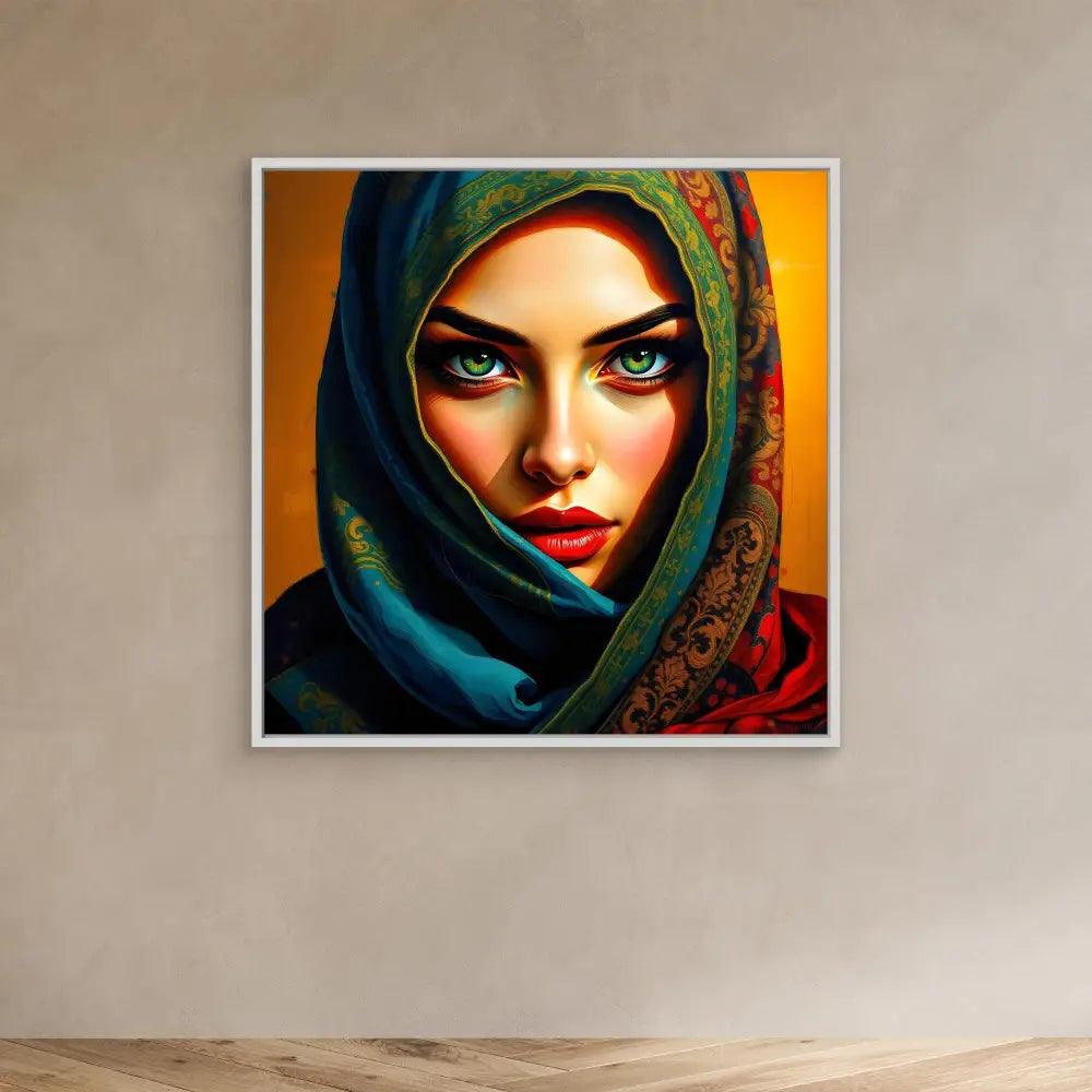 Portrait painting of someone wearing a dark hijab with green and red tones against an orange backdrop.