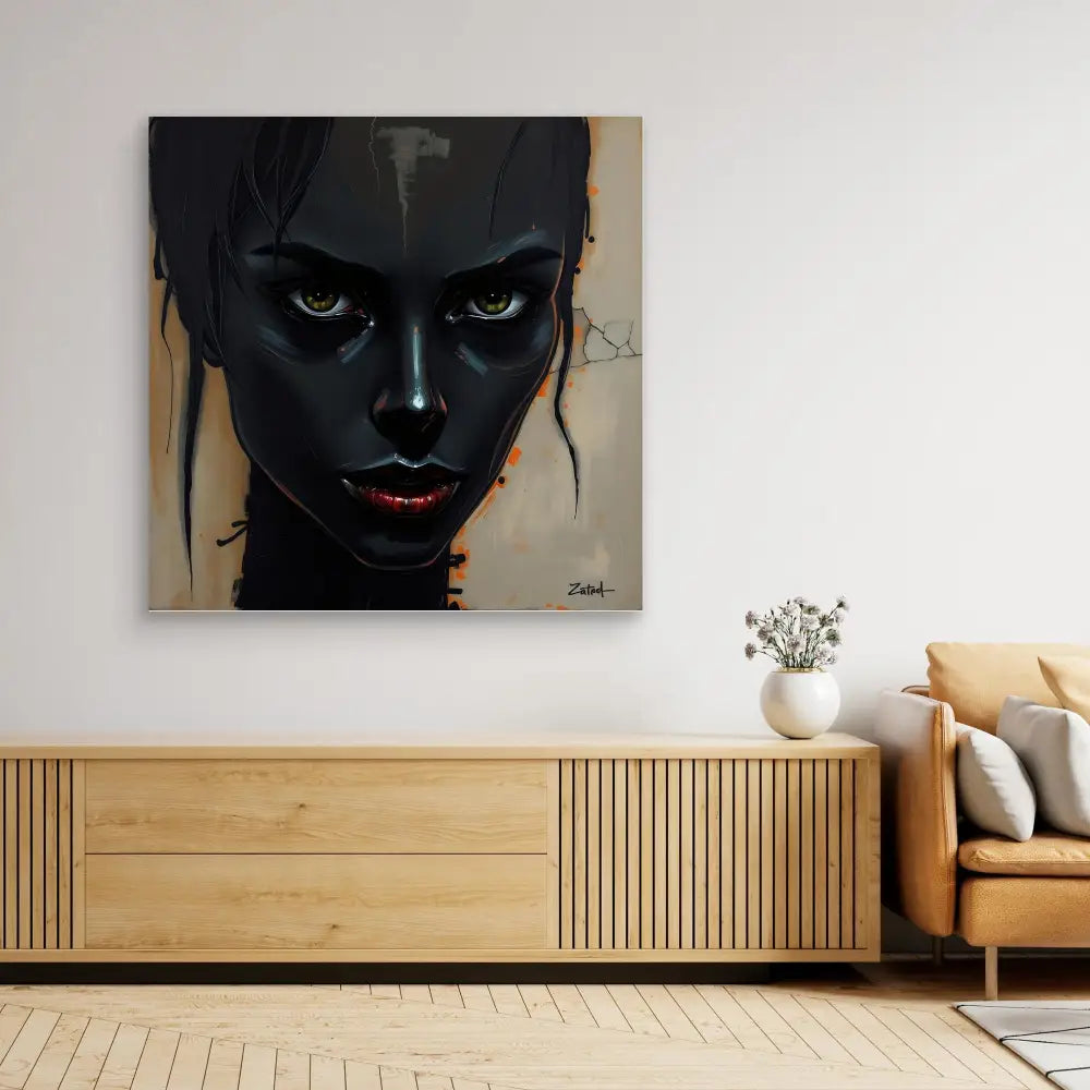 Striking portrait painting featuring dark skin tones, bright red lips, and intense eyes against a light background.