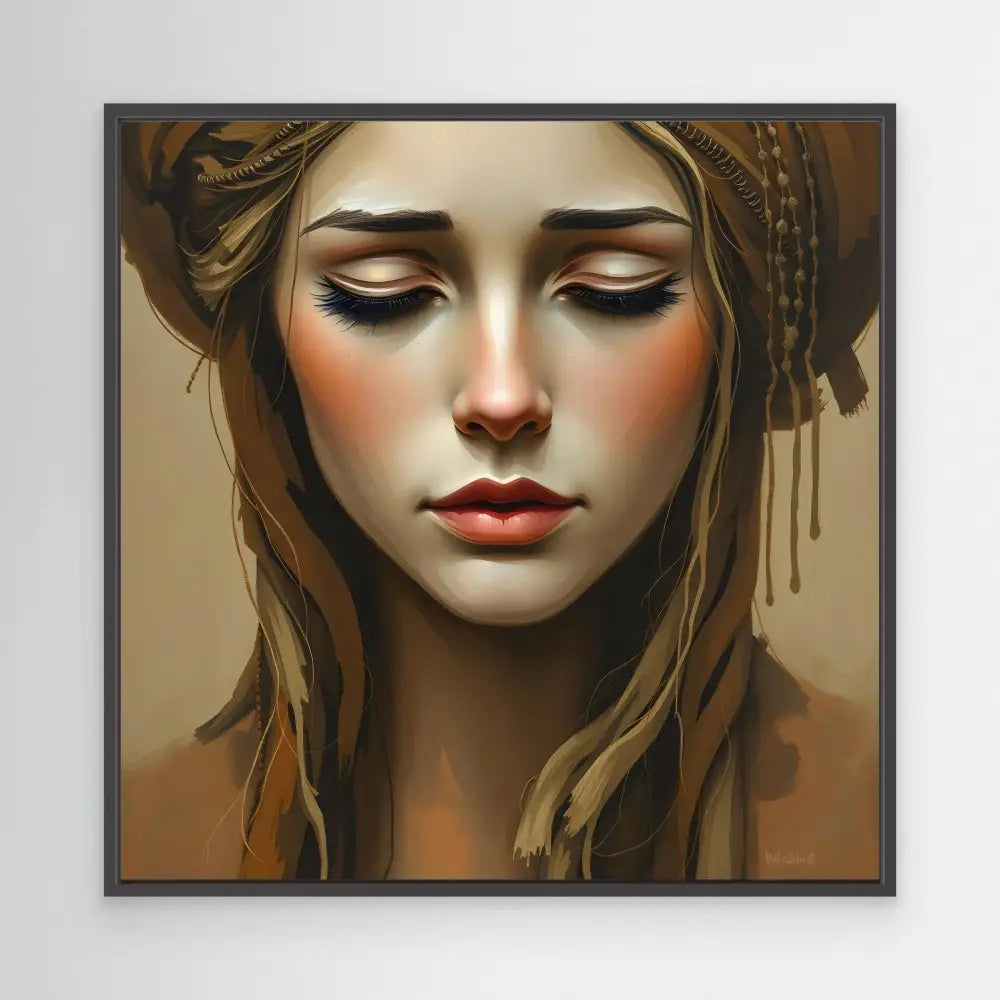 A portrait painting featuring dramatic makeup and a draped head covering in earth tones.