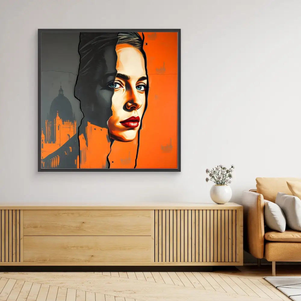 A striking portrait painting with dramatic orange and black contrasts mounted on a wall.