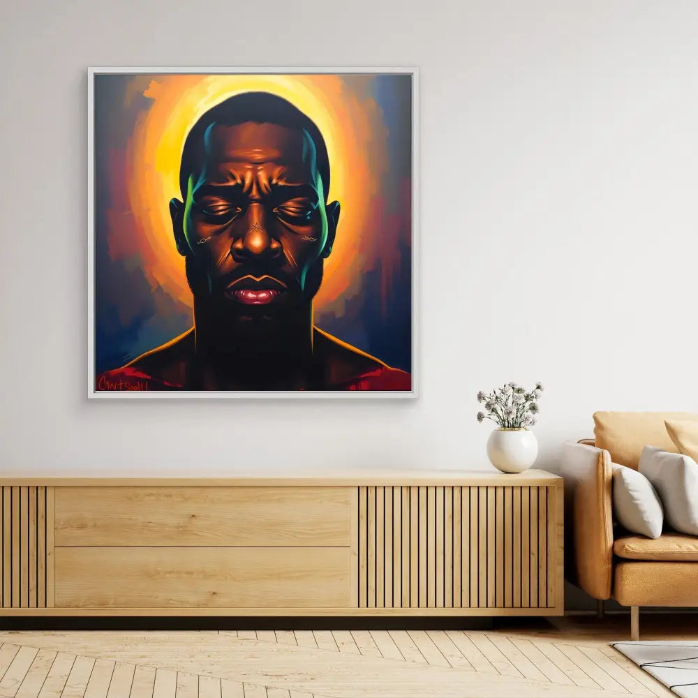 A striking portrait painting with dramatic orange and yellow backlighting creating a halo effect.