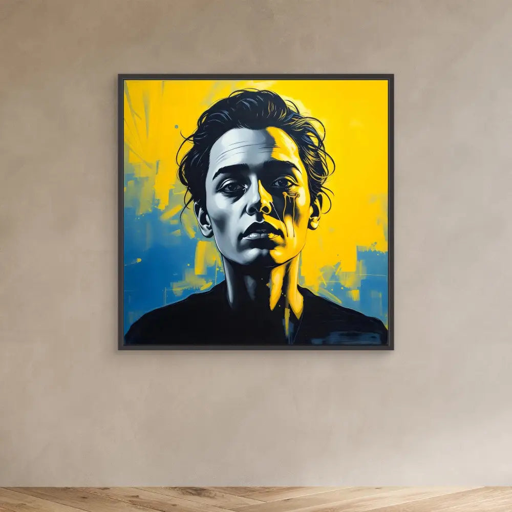 Portrait painting with dramatic yellow and blue background colors showing a figure in shadow.