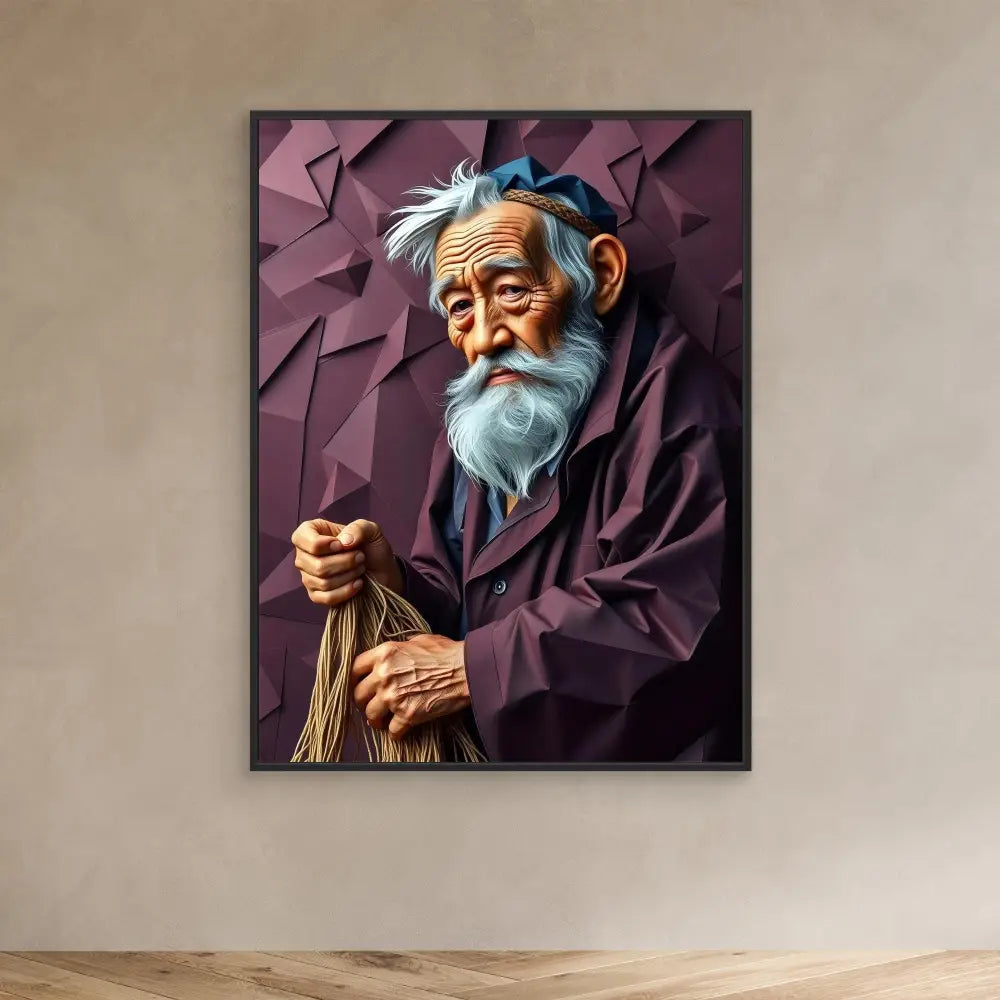 Portrait painting of an elderly man with a white beard holding a walking stick against a geometric background.