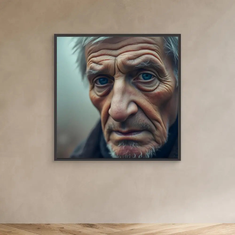 Portrait painting of an elderly person with striking blue eyes and weathered facial features.