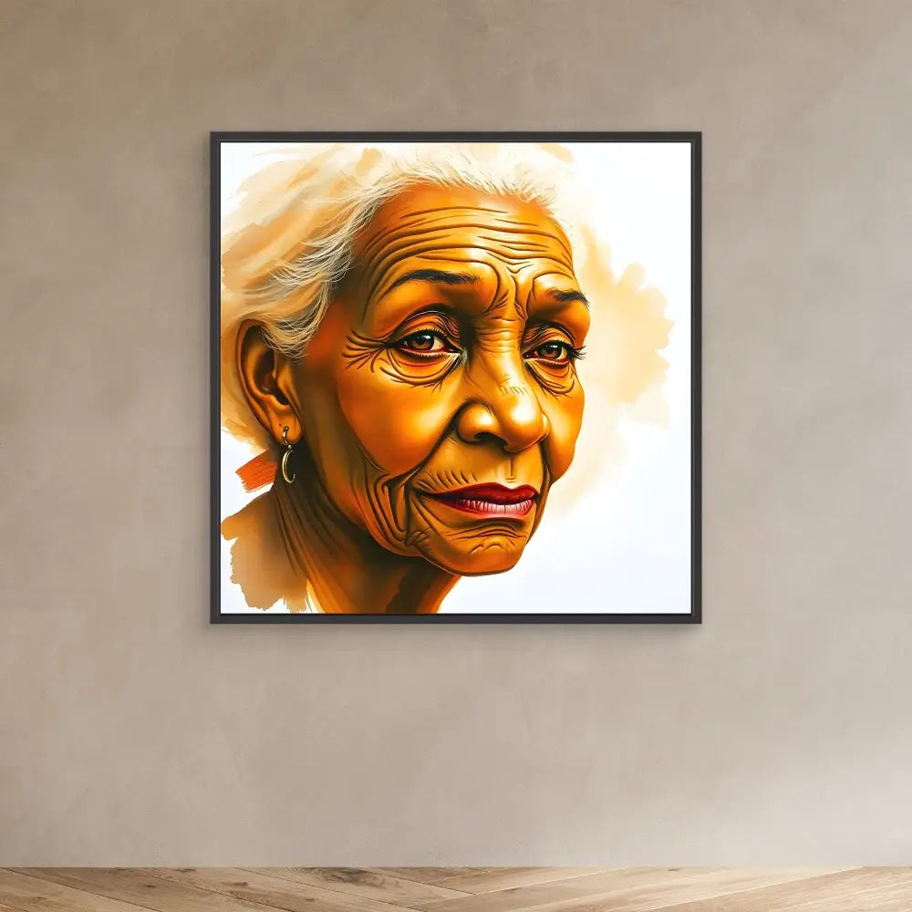 Portrait painting of an elderly person with deep wrinkles and a gentle smile.