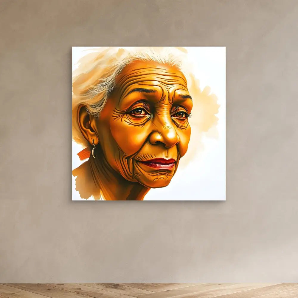 Portrait painting of an elderly person with deep wrinkles and a gentle smile.