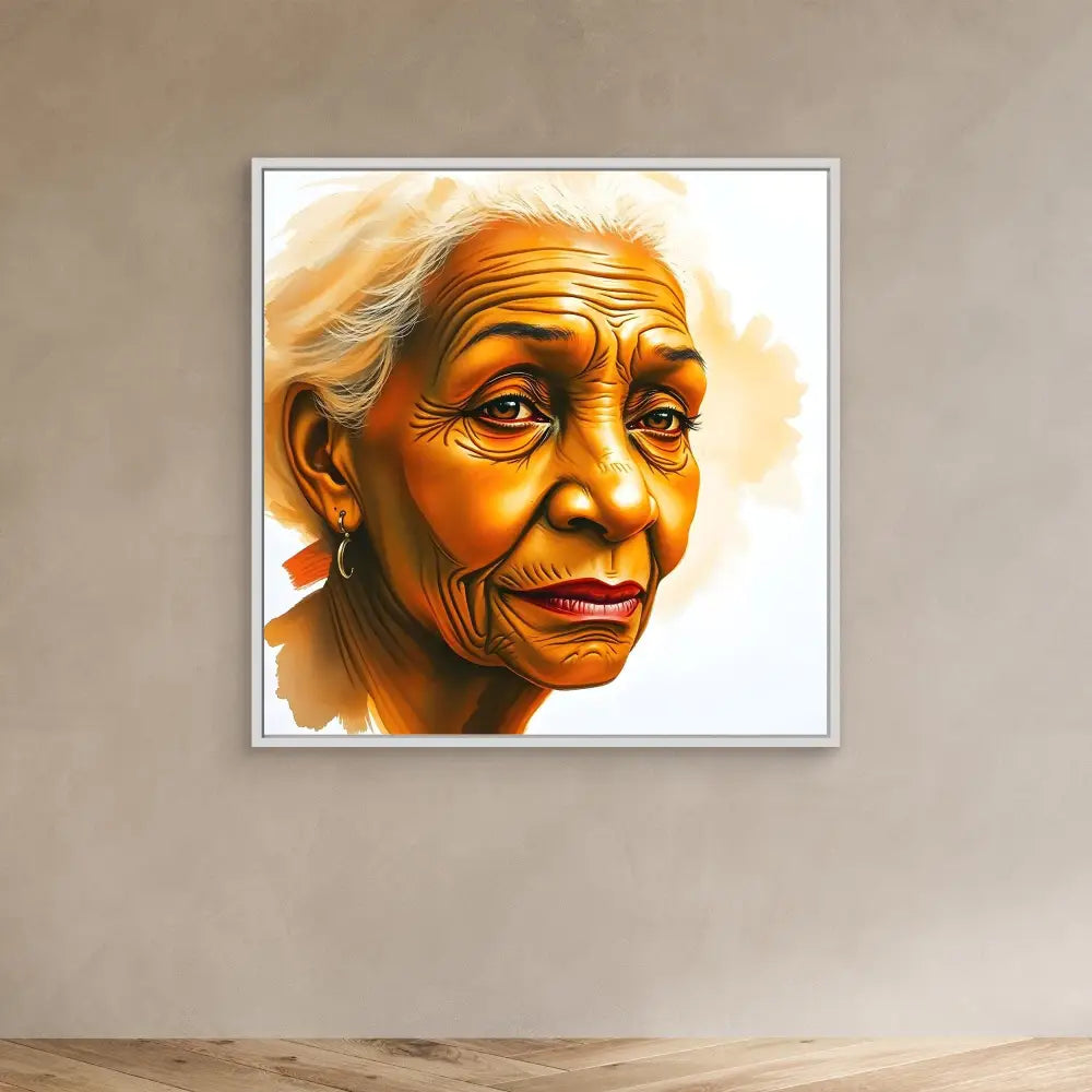 Portrait painting of an elderly person with deep wrinkles and a gentle smile.