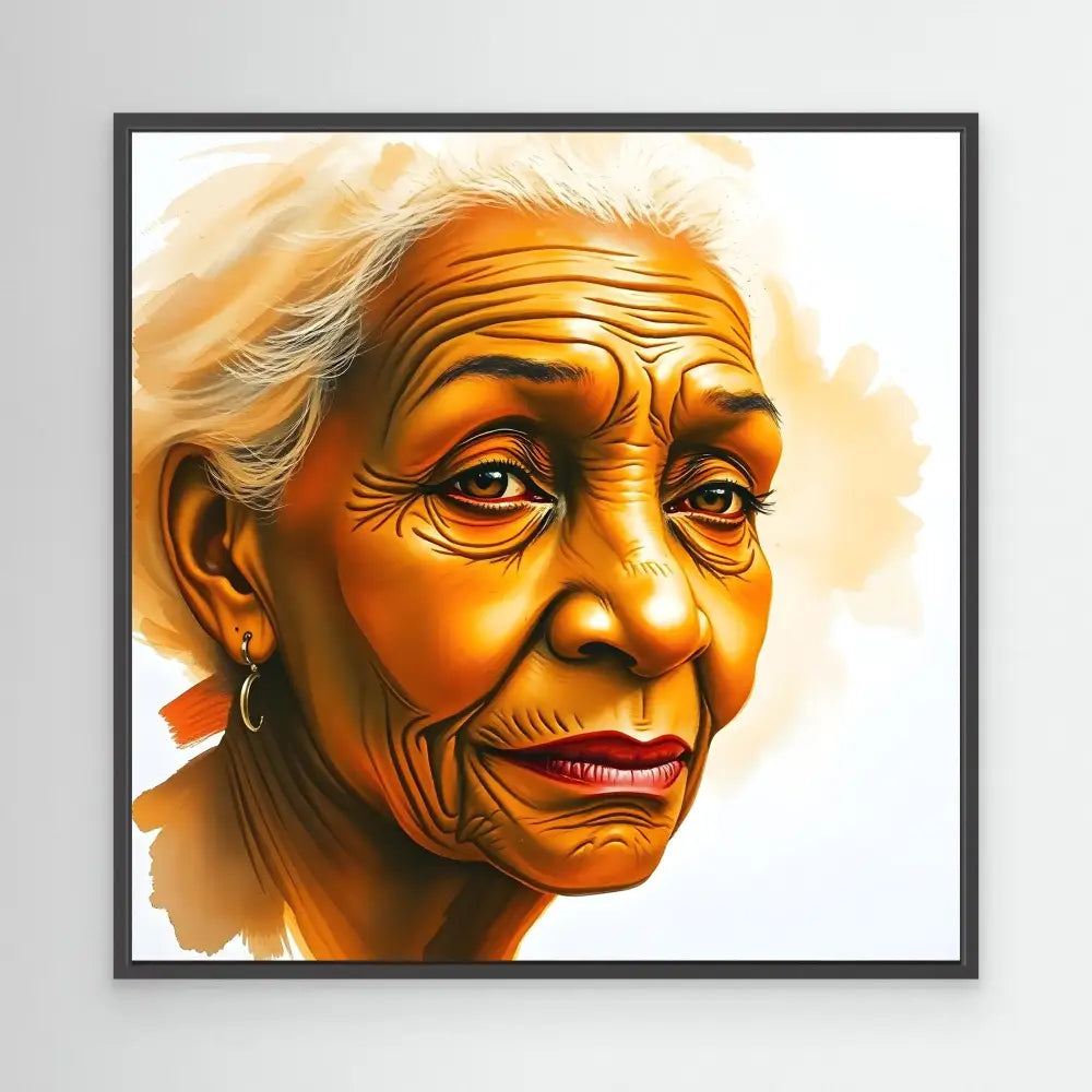 Portrait painting of an elderly woman with warm golden tones and expressive facial features.