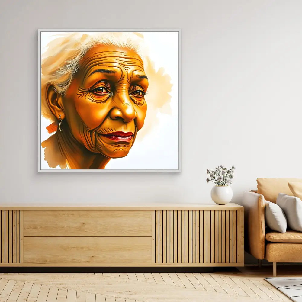 Portrait painting of an elderly woman with warm orange-gold tones and expressive features.