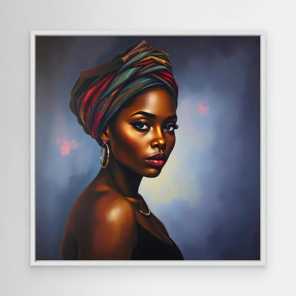 Portrait painting of an elegant woman wearing a colorful wrapped headpiece and hoop earrings.