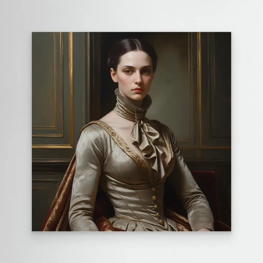 A portrait painting depicting a figure in an elegant Victorian-era silk dress with a high ruffled collar.