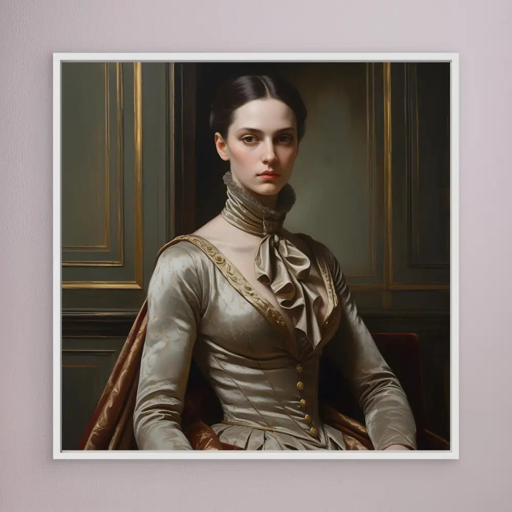 A portrait painting depicting a figure in an elegant Victorian-era silk dress with a high collar and ruffled details.