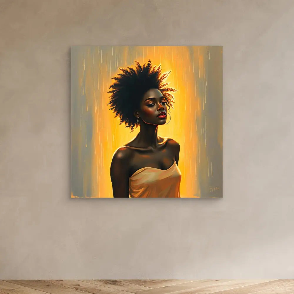 A striking portrait painting of a figure with natural afro hair wearing a gold-toned garment against a warm glowing backdrop.