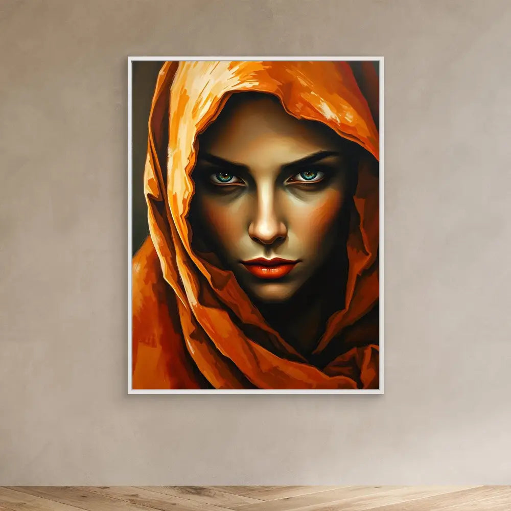 A striking portrait painting featuring a figure wearing a vibrant orange-red headscarf.