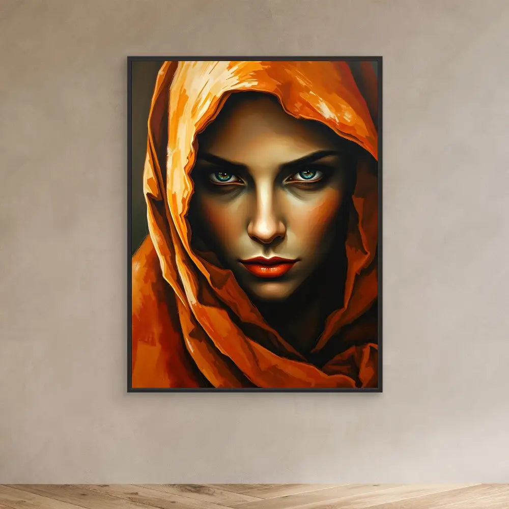 Portrait painting featuring a figure wearing a vibrant orange-red hood or head covering.