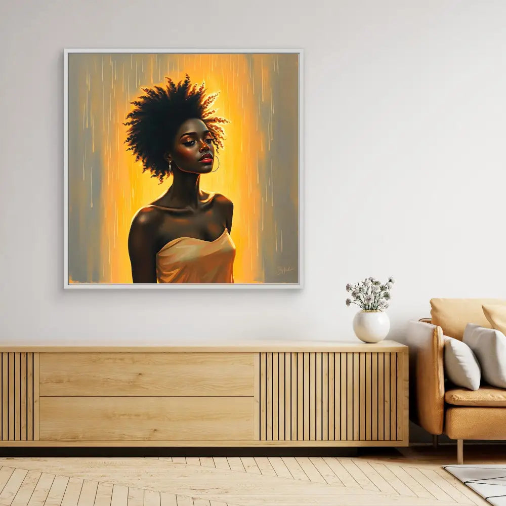 A striking portrait painting with a glowing golden-orange halo effect behind the subject’s natural hair.