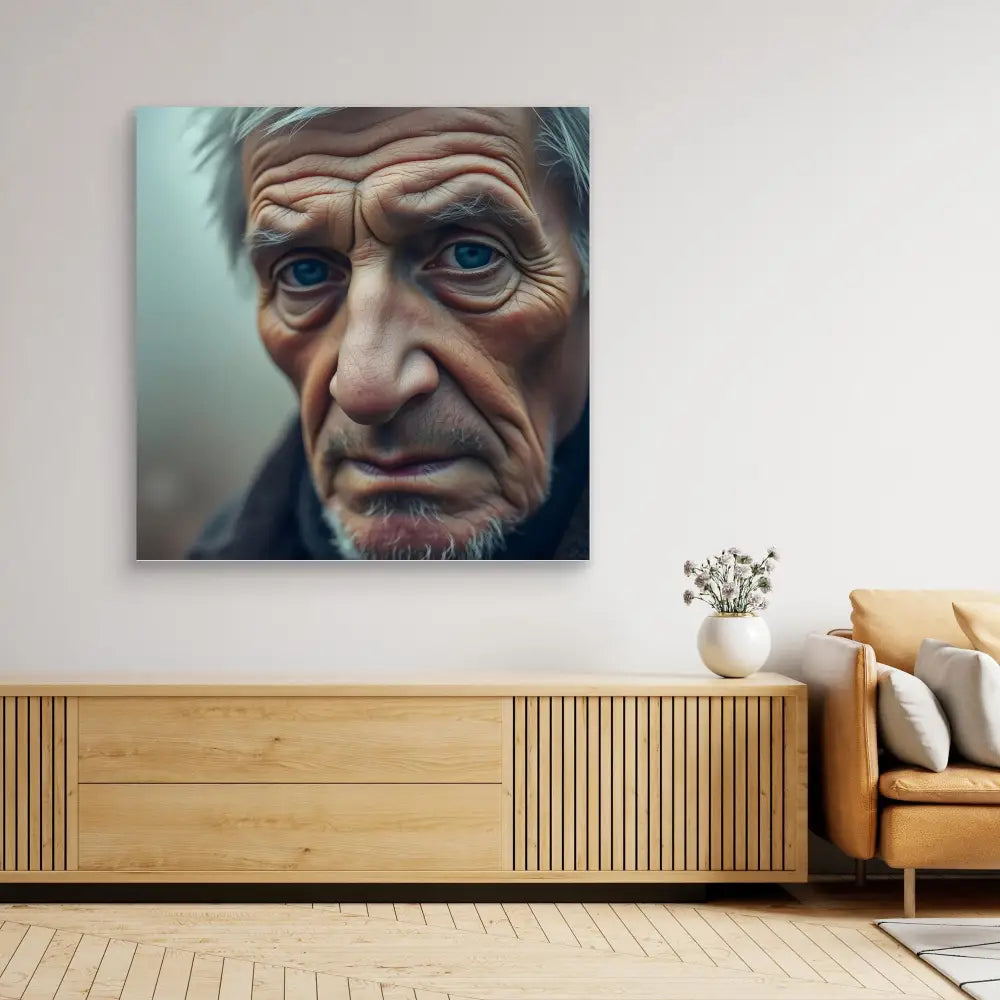 Portrait painting showing intense blue eyes and weathered facial features mounted on a wall.