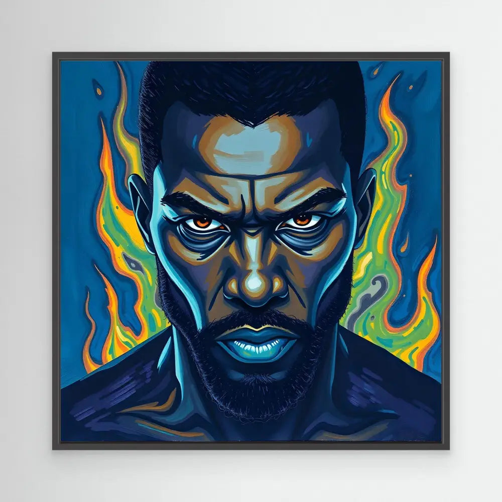 Striking portrait painting with intense blue tones and vibrant flame elements along the sides.