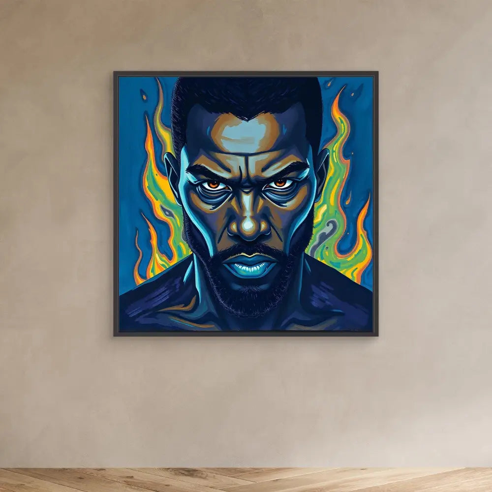 Striking portrait painting with an intense expression and vibrant blue-green flames surrounding the subject.