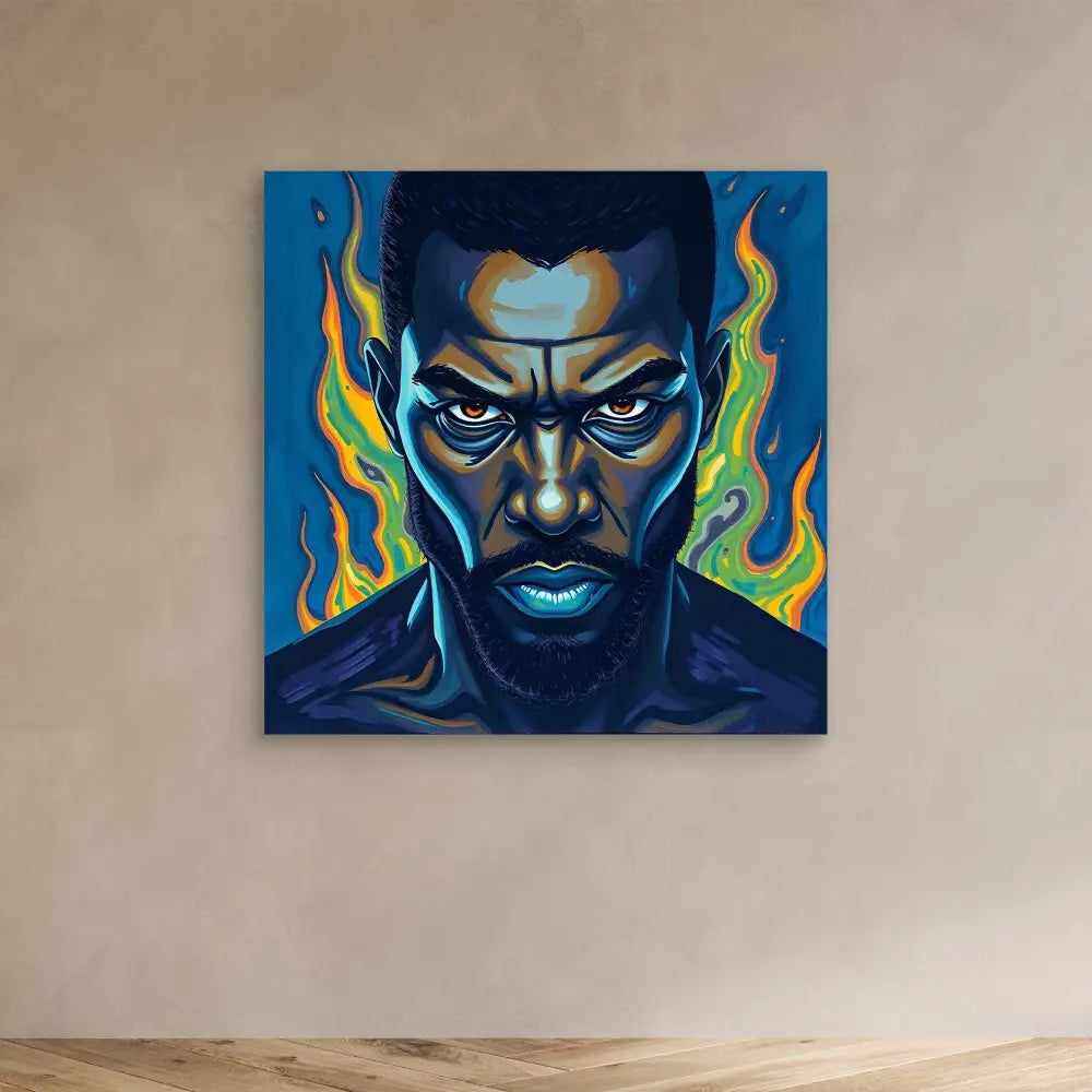 Striking portrait painting with an intense gaze and ethereal green-blue flames surrounding the figure.