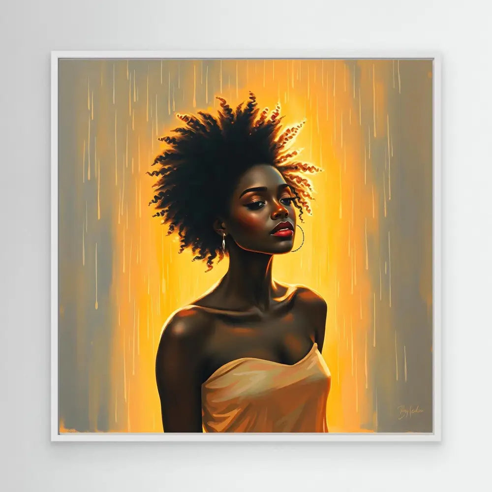 A striking portrait painting featuring natural curly hair and a yellow dress against a warm glow.