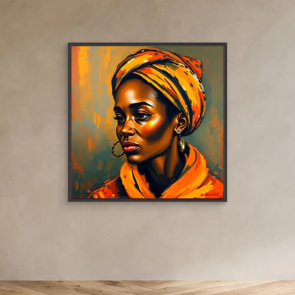 Portrait painting featuring a person wearing a vibrant orange headwrap and matching garment against warm-toned background colors.