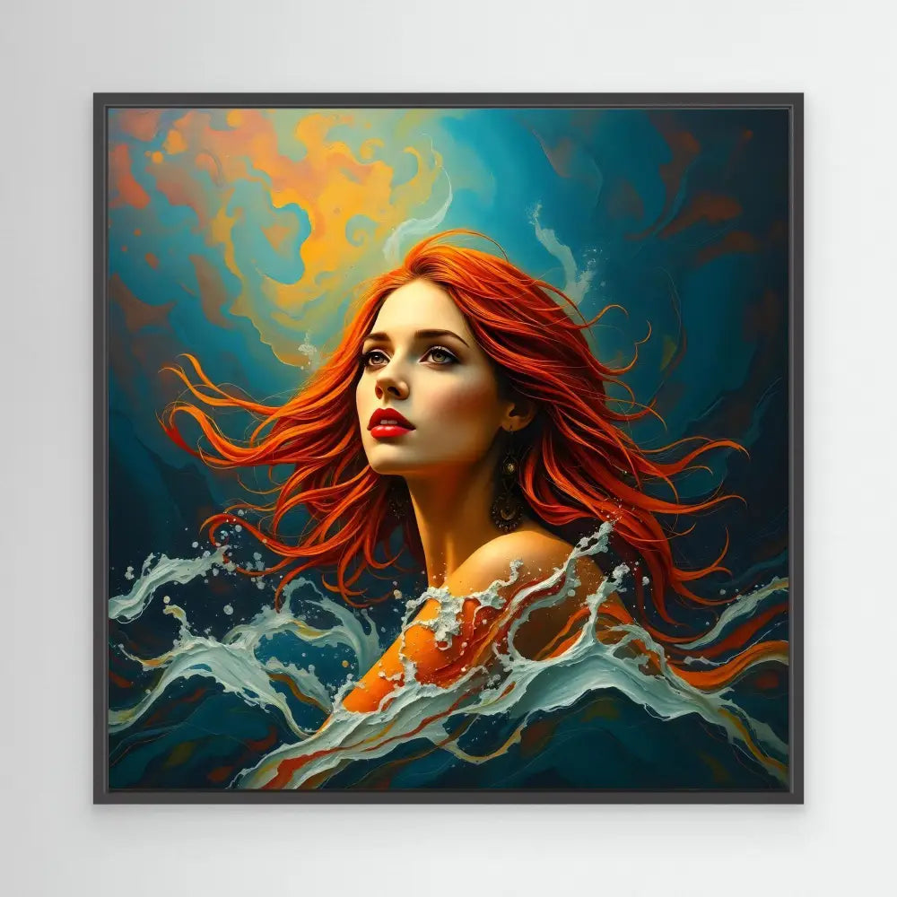 A portrait painting of flowing red hair and waves in vibrant turquoise and orange tones.