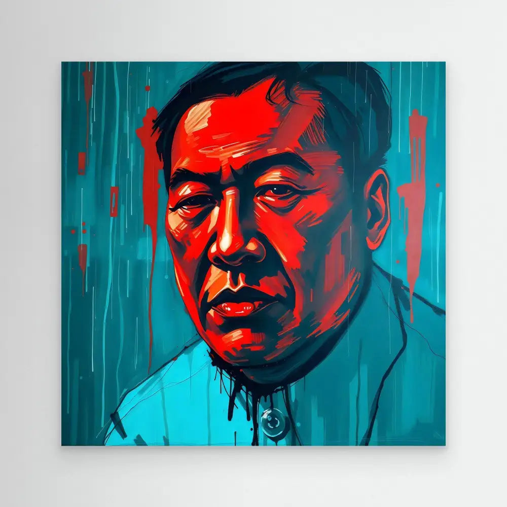 A portrait painting in red and turquoise tones showing a stern-looking figure wearing a Mao-style collar.