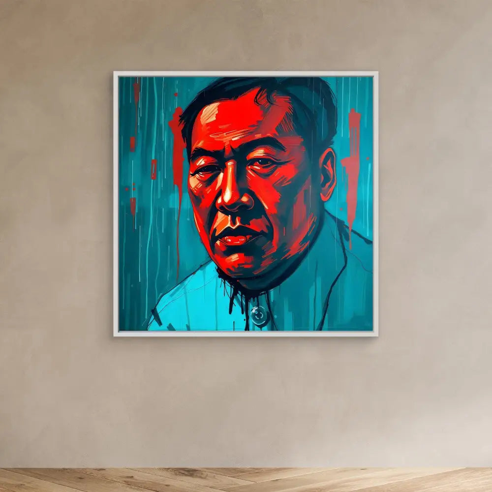 A portrait painting in red and turquoise tones with dripping paint effects.