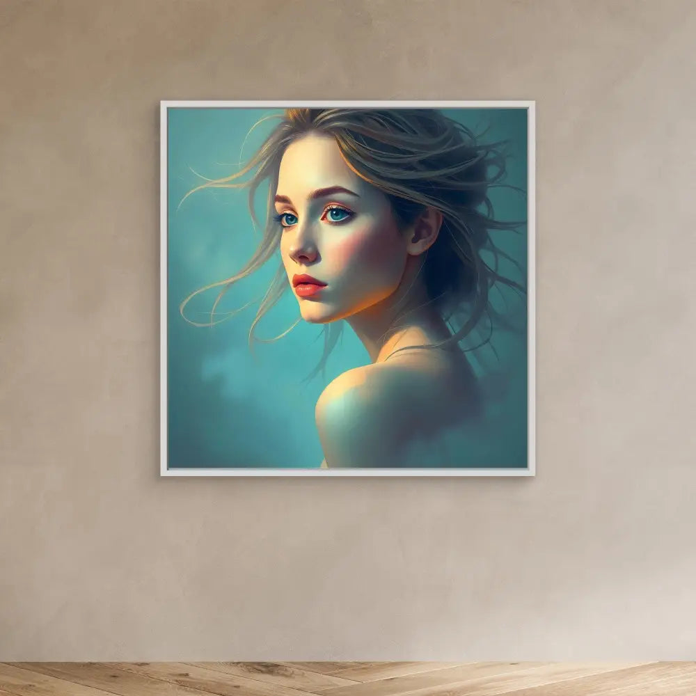 A portrait painting with soft lighting against a teal backdrop.