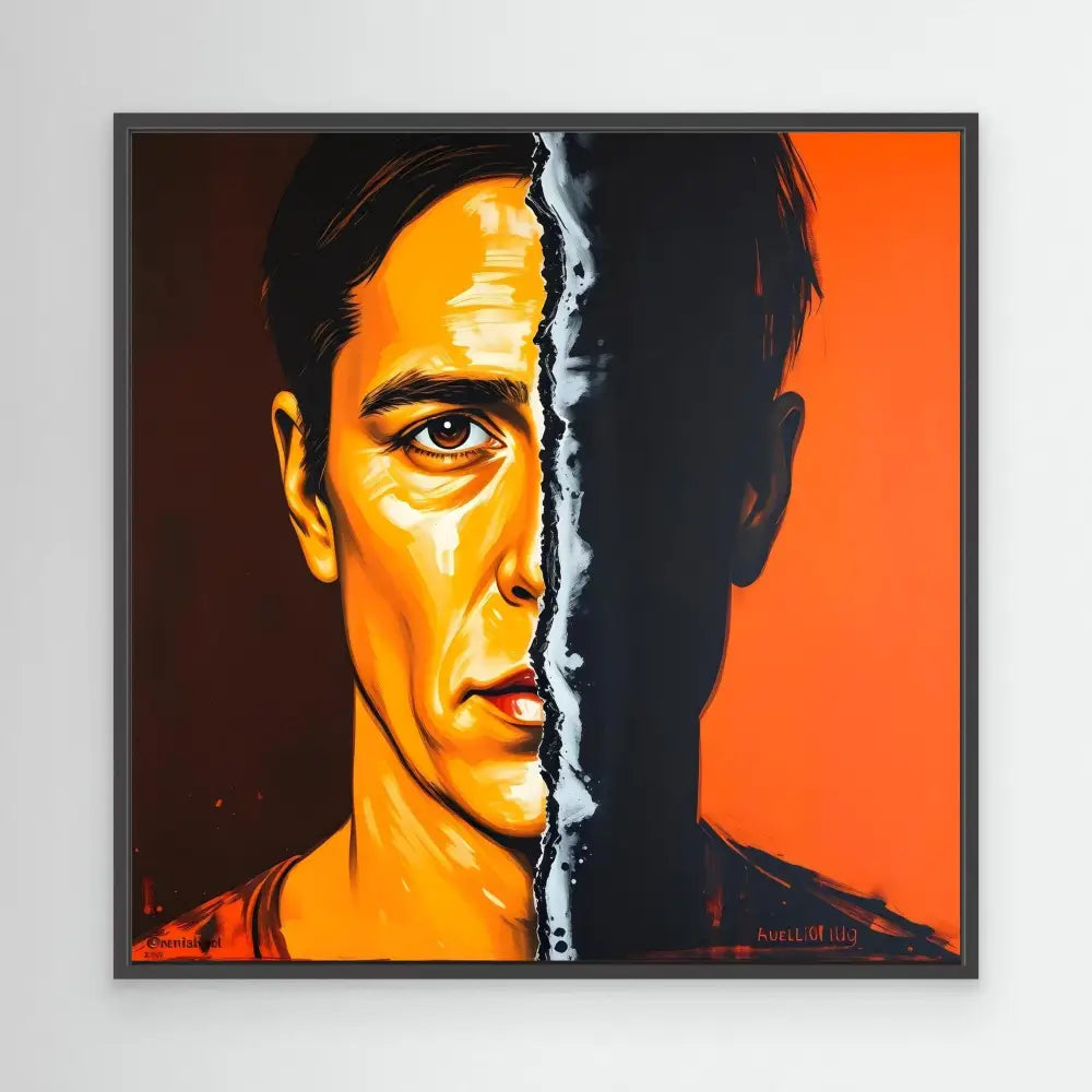 Portrait painting split vertically with one half brightly lit in orange and the other half in shadow.