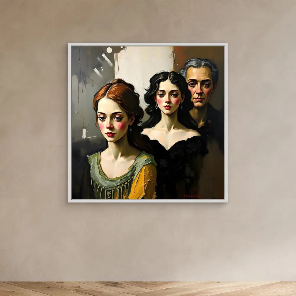 Portrait painting of three figures arranged in a diagonal composition wearing period clothing.