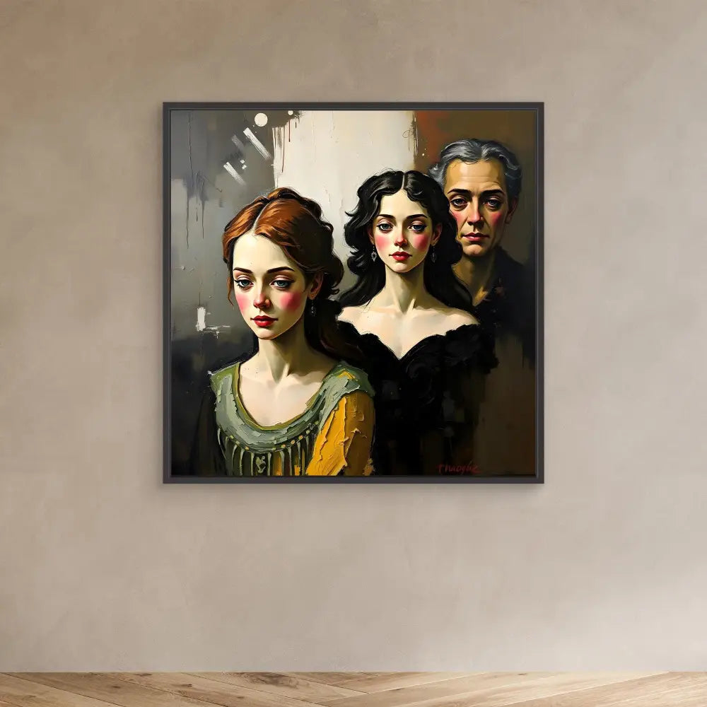 Portrait painting of three figures in a dramatic, moody style with one wearing a green and yellow dress.