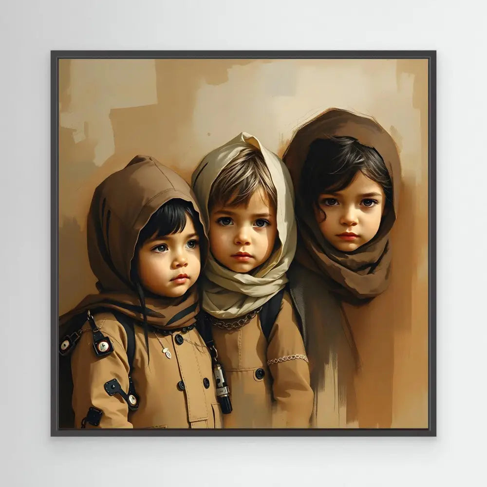 A portrait painting of three young children wearing brown hooded coats and scarves.